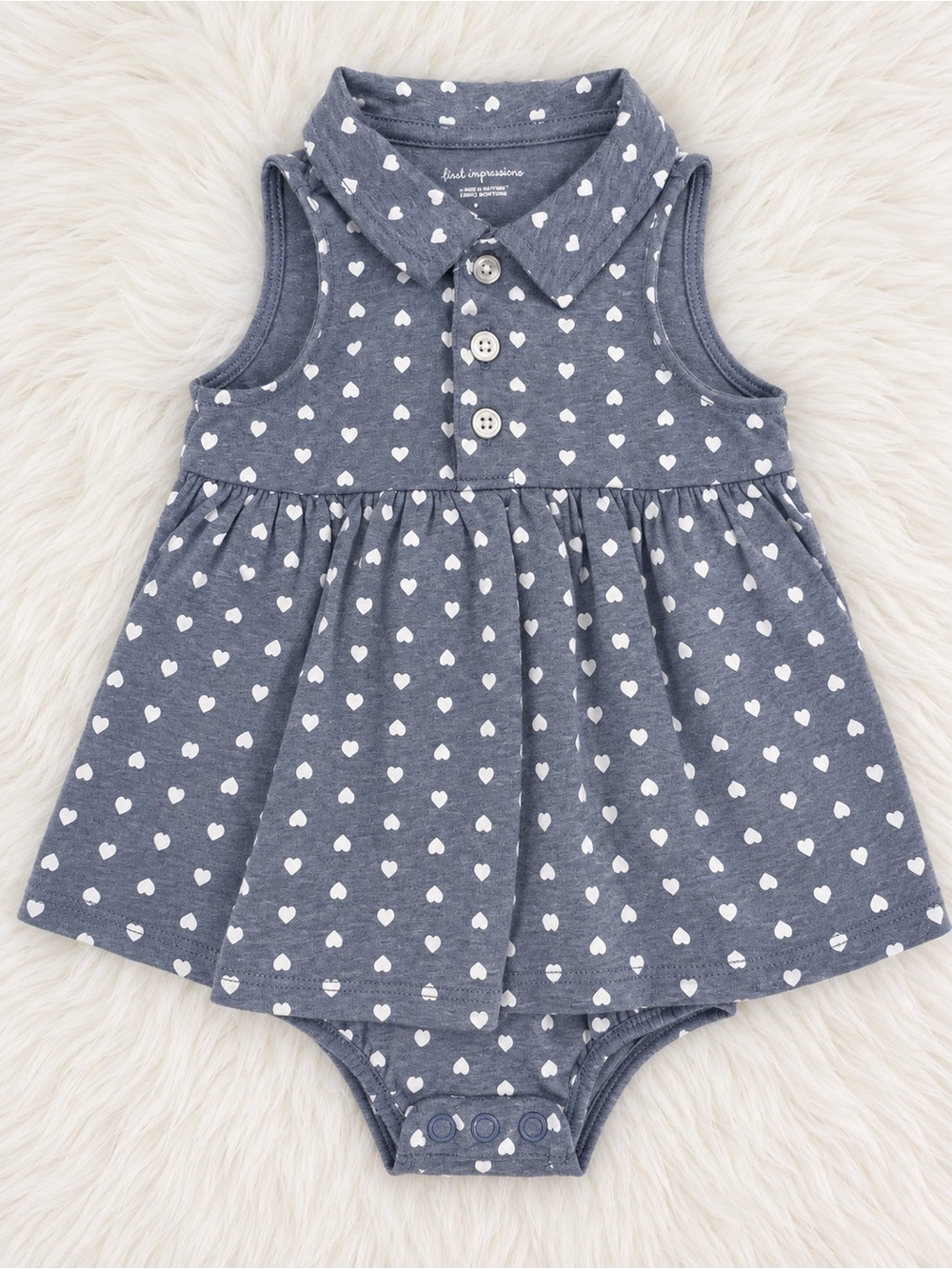 First Impressions Navy Blue Heart Print Sleeveless Onesie Dress